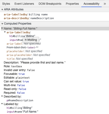 Chrome デベロッパー ツールが、入力欄に設定された aria-labelledby のアクセシブルな名前と、aria-describedby の説明文を表示している