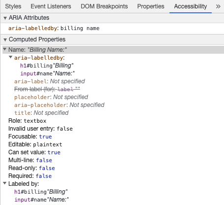 Chrome デベロッパー ツールが、入力欄が aria-labelledby から得たアクセシブルな名前を表示している