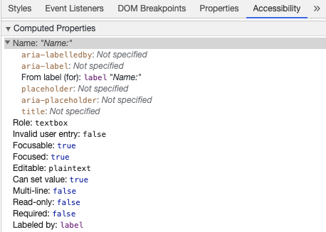 Chrome デベロッパー ツールが、入力欄がラベルから得たアクセシブルな名前を表示している